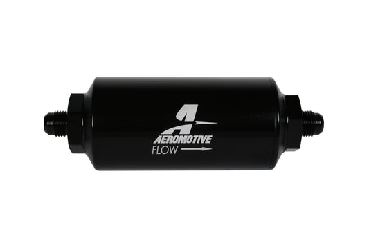 Aeromotive Filter, In-Line, 10-m Fabric Element, AN-06 Male, Bright-Dip Black, 2" OD