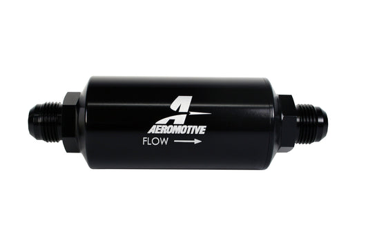 Aeromotive Filter, In-Line, 40-m Stainless Mesh Element, AN-10 Male, Bright-Dip Black, 2" OD