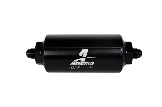 Aeromotive Filter, In-Line, 10-m Microglass Element, AN-06 Male, Bright-Dip Black, 2" OD