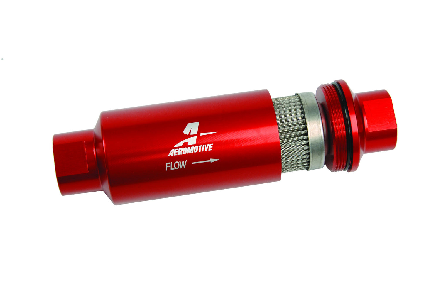 Aeromotive Filter, In-Line, 100-m Stainless Mesh Element, ORB-10 Port, Bright-Dip Red, 2" OD